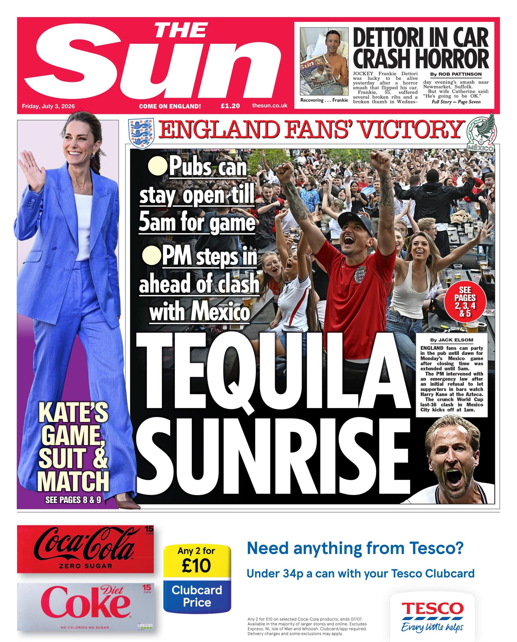 "Tequila sunrise" reads the headline on the front page of the Sun.