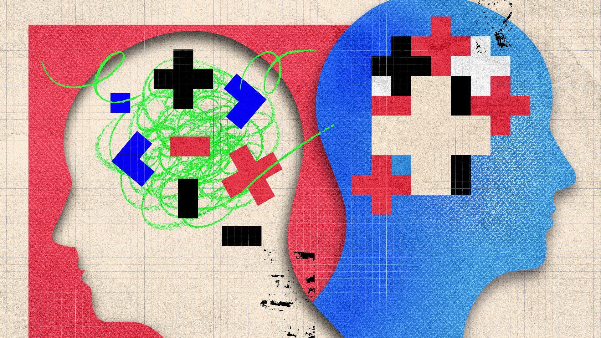 Image showing the outline of two heads facing opposite directions. One blue head has shapes in the brain organised into a pattern. The other white head has the shapes disorganised and disjointed, against a backing of green scribbly lines - an illustration of what ADHD feels like to people who have it.