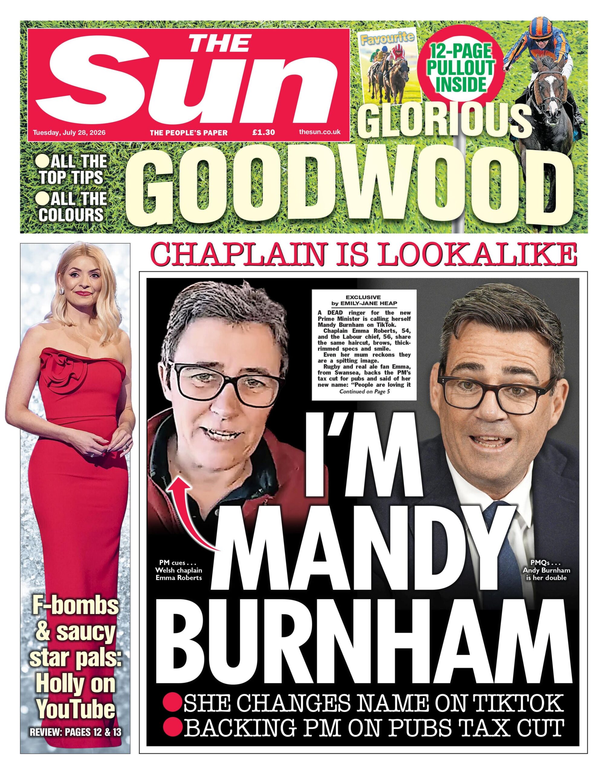 "Chaplain is lookalike: I'm Mandy Burnham," reads the headline on the front page of the Sun.