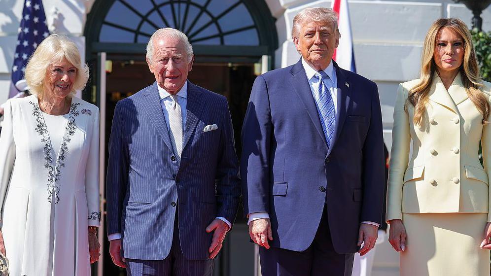 US President Donald Trump and first lady Melania Trump stand with Queen Camilla and King Charles III on the South Lawn of the White House.