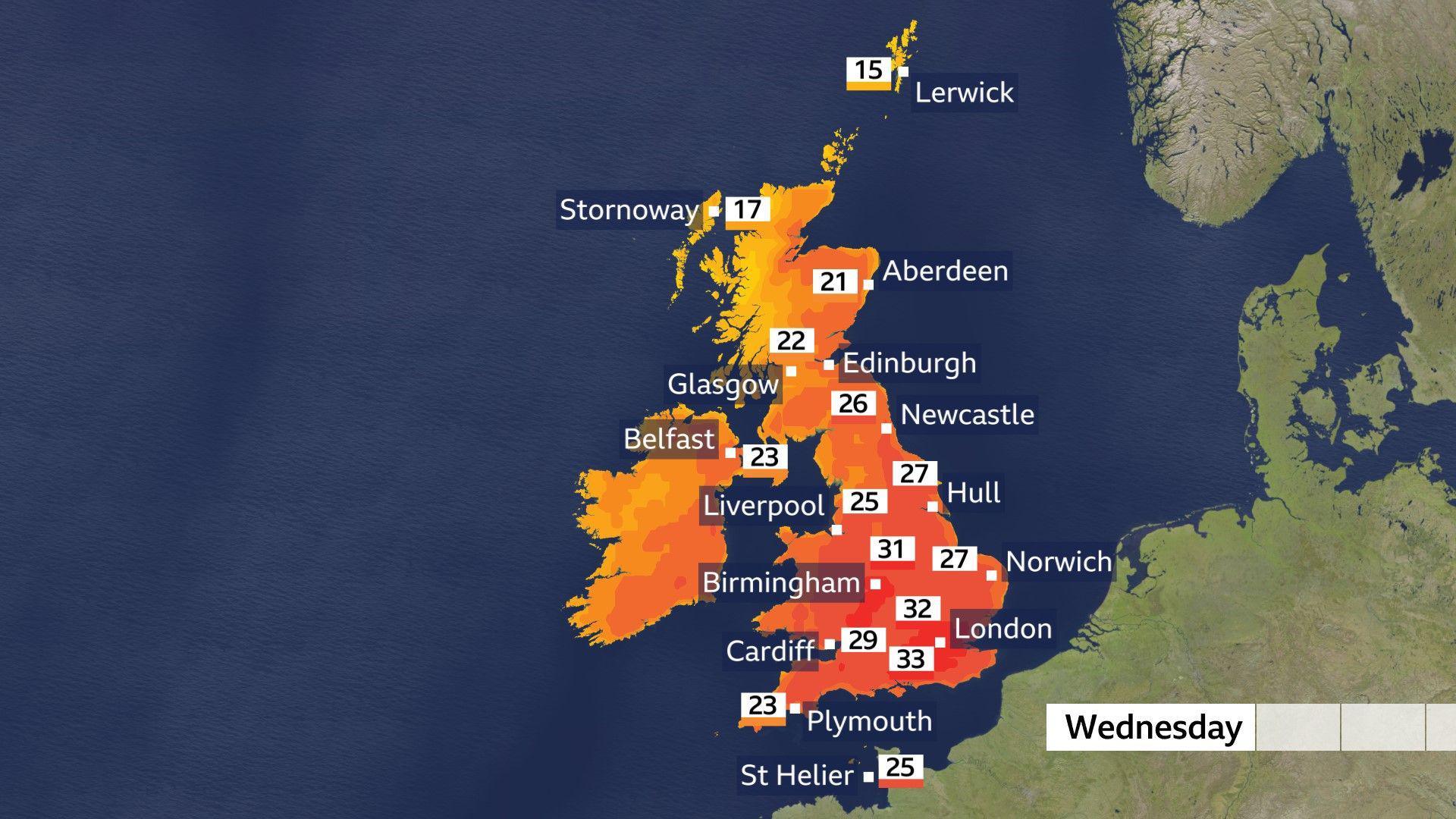 A temperature map showing temperatures ranging from the upper 20s to the mid 30s Celsius in the southern UK on Wednesday