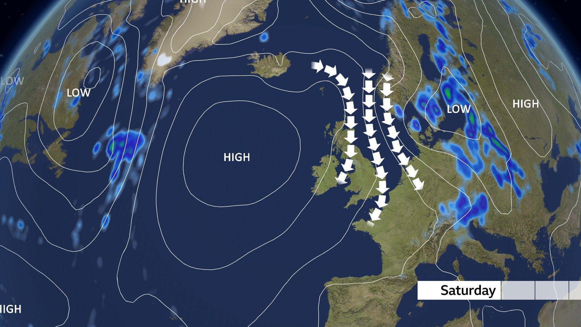 Pressure chart showing high pressure area to the west of the UK and northerly wind arrows.