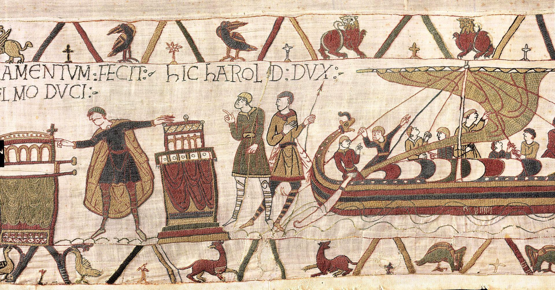 A wider crop of the same scene involving Harold, with him touching the boxes on the left of the image, and other figures nearby, with a ship next to them with people on, with medieval lettering and birds all around and fabric texture detail.