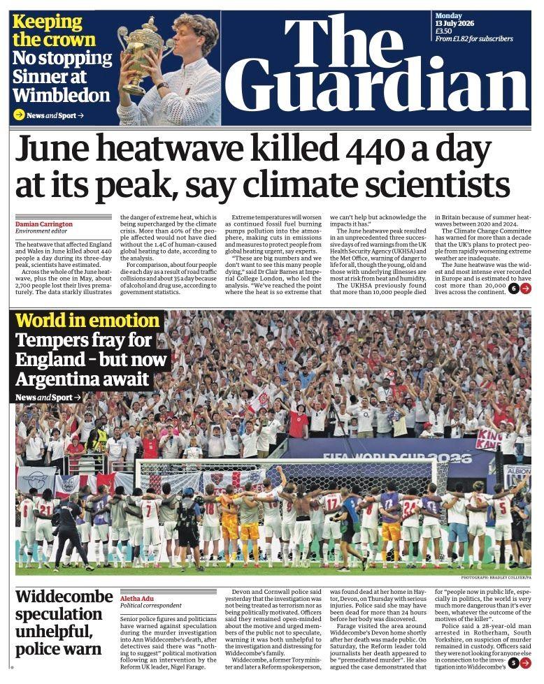 "June heatwave killed 440 a day at its peak, say climate scientists" reads the headline on the front page of the Guardian.