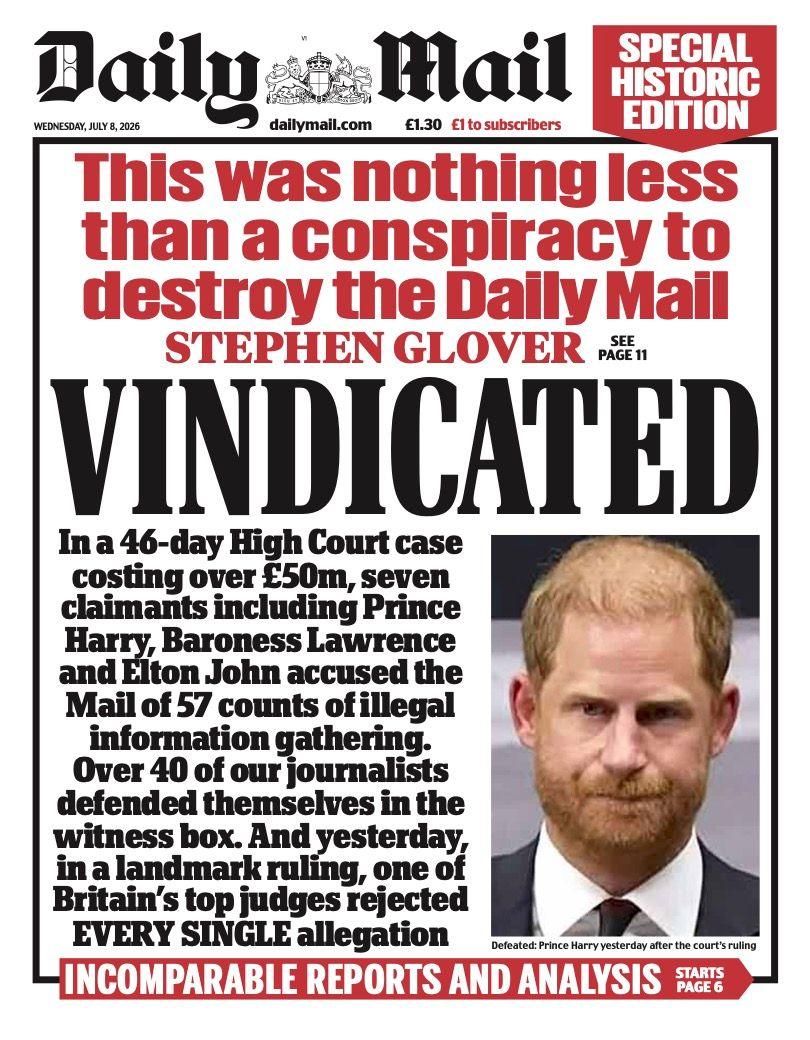 The headline on the front page of the Daily Mail reads: 'Vindicated.'