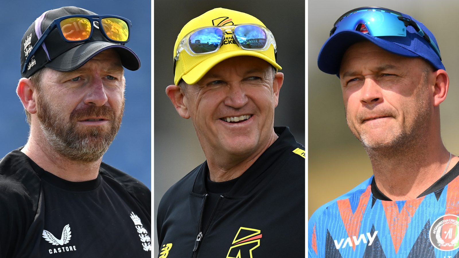 A split graphic of Richard Dawson (left), Andy Flower (centre) and Jonathan Trott (right), all wearing training shirts and with sunglasses resting above the brim of baseball caps