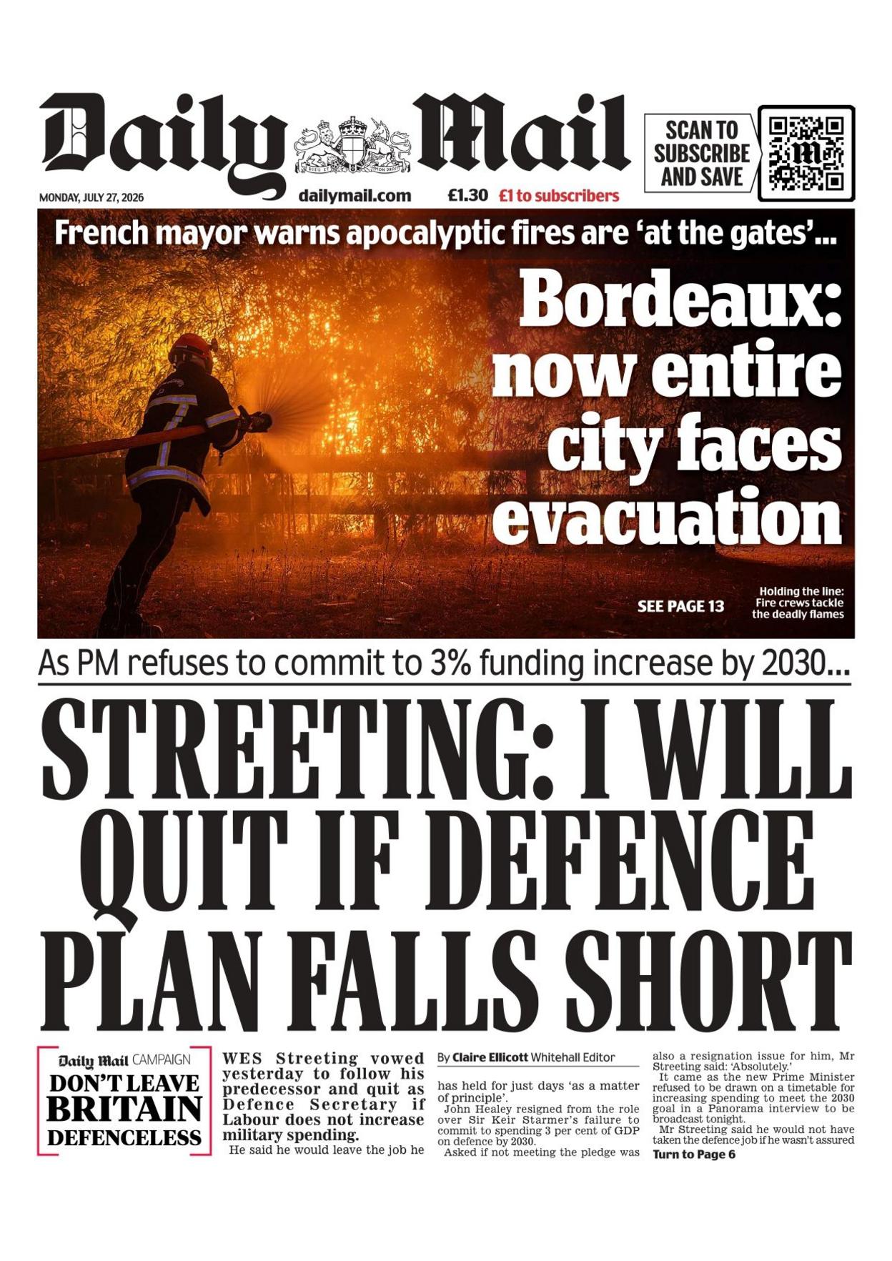 "Streeting: I will quit if defence plan falls short," reads the headline on the front page of the Daily Mail.