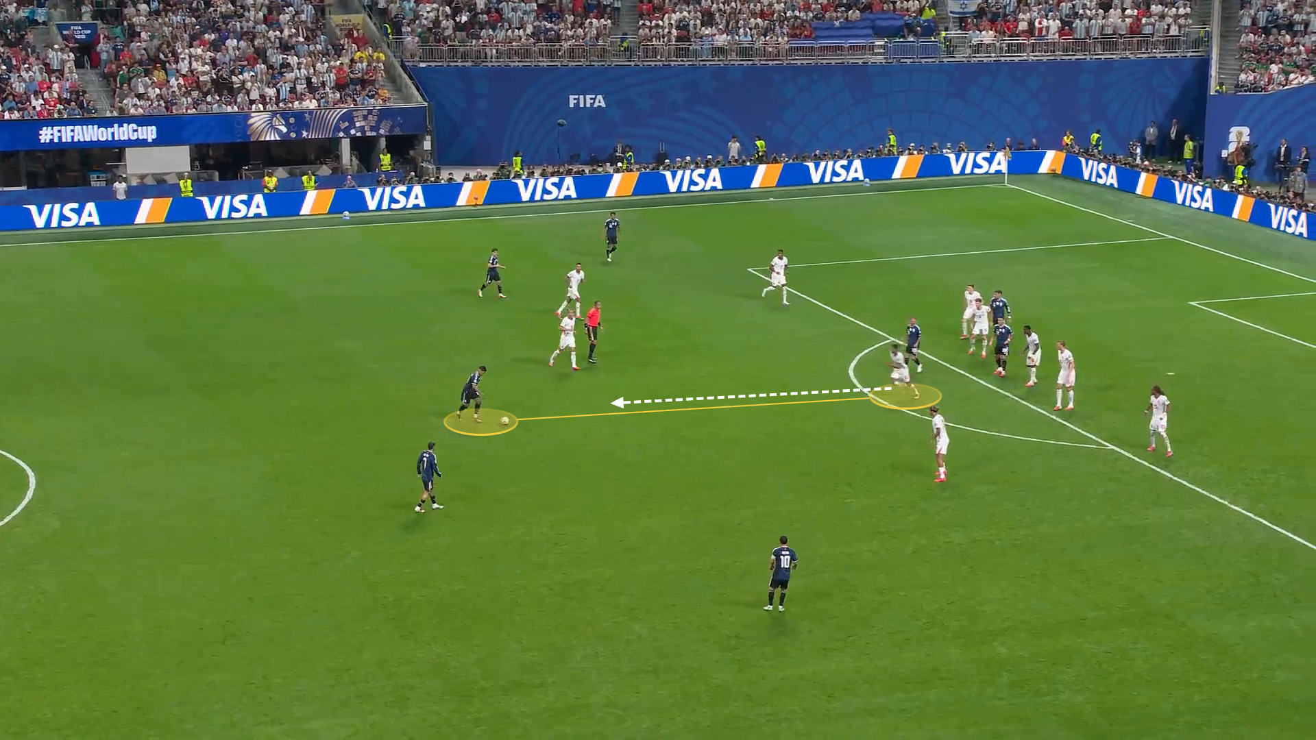 Screengrab from Argentina vs England showing Jude Bellingham's positioning as a holding midfielder in England's 5-4-1