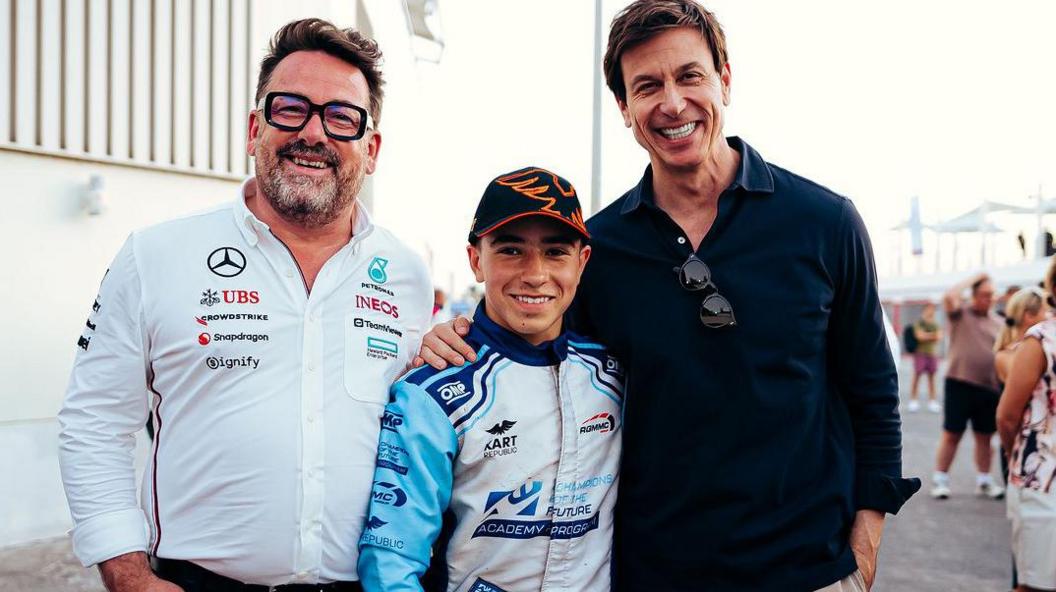 Mercedes driver scout Gwen Lagrue pictured with team boss Toto Wolff and Mercedes junior driver James Anagnostiadis