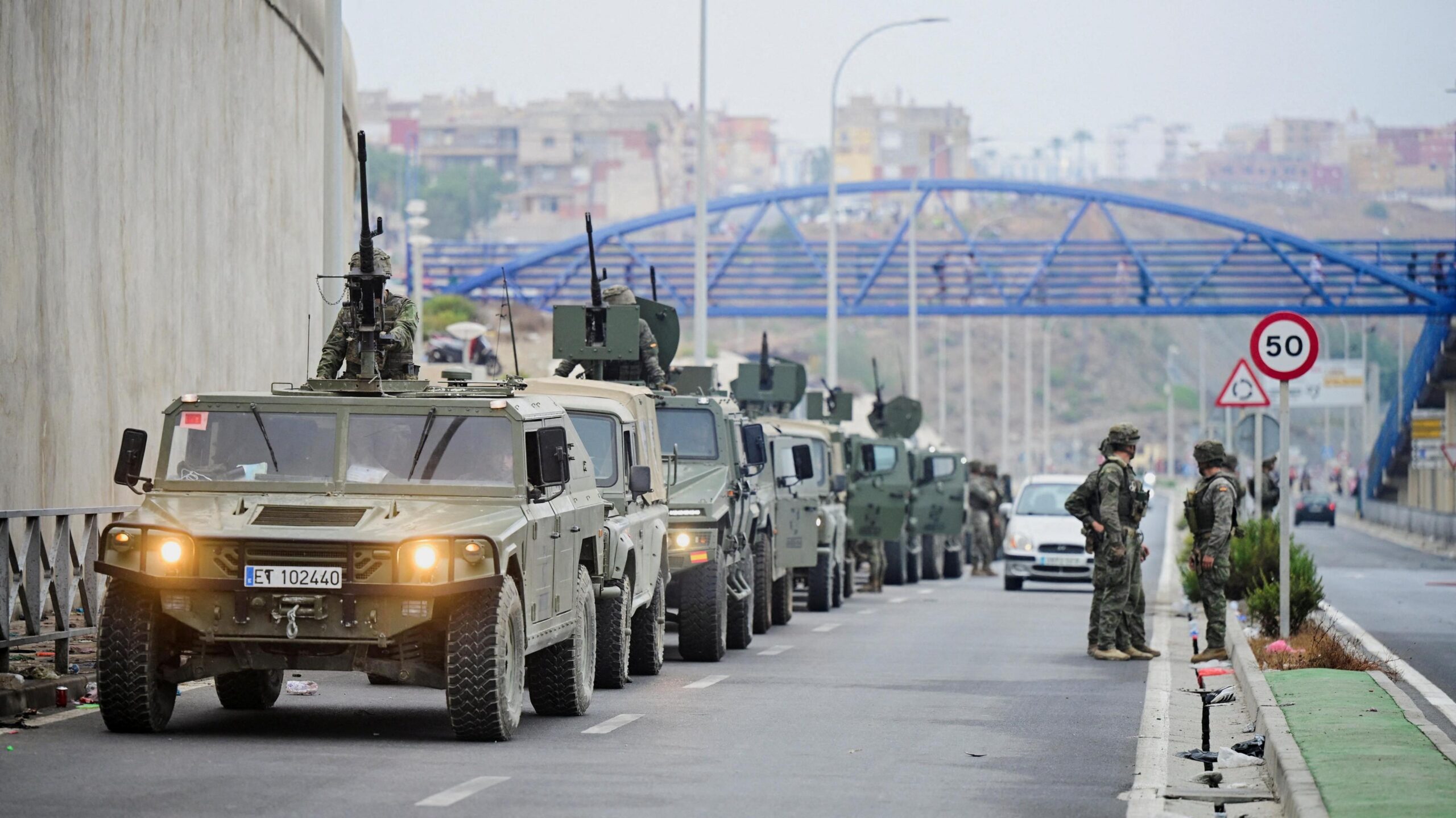 Military vehicles at the Spain-Morocco border