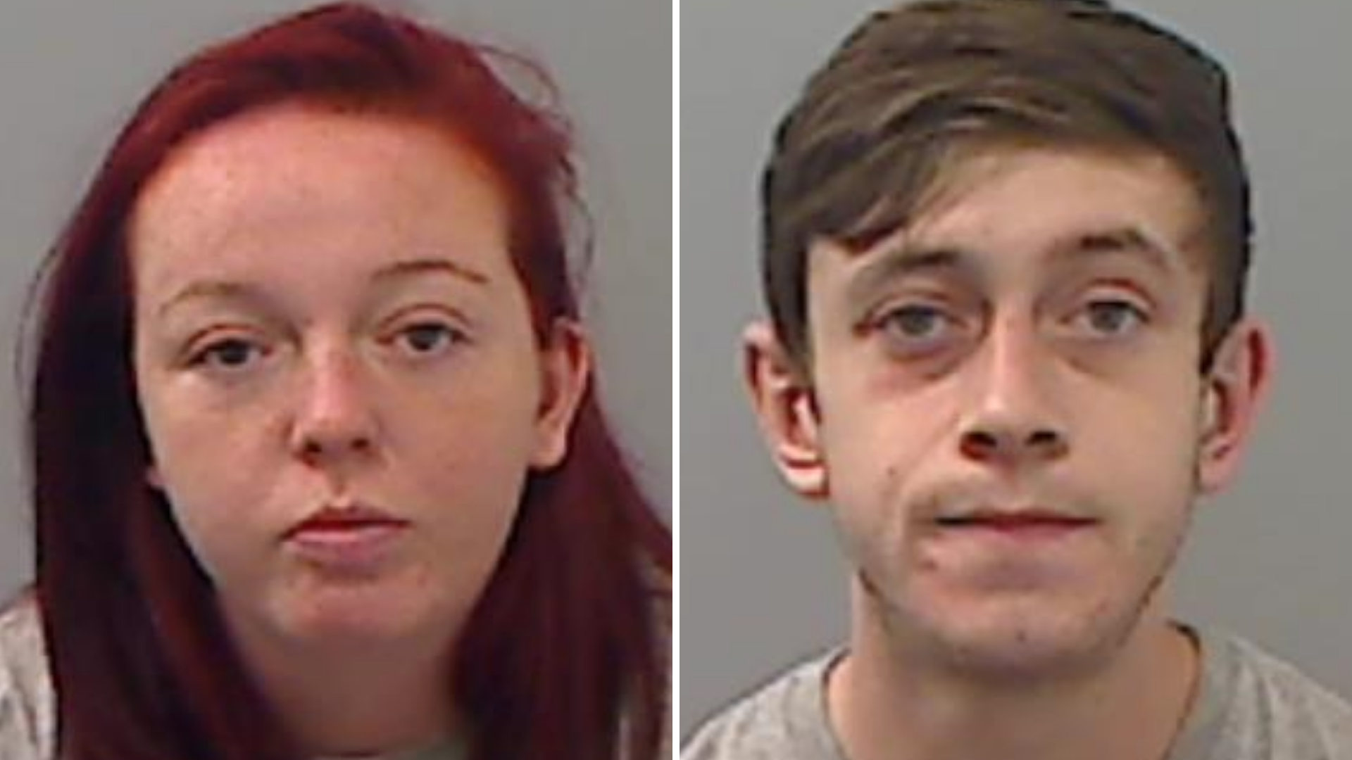 Mugshots of Alexandra Walker and Harrison Simpson. She has long dyed red hair and a vacant expression, he has short brown hair swept across his forehead and is slightly grimacing.