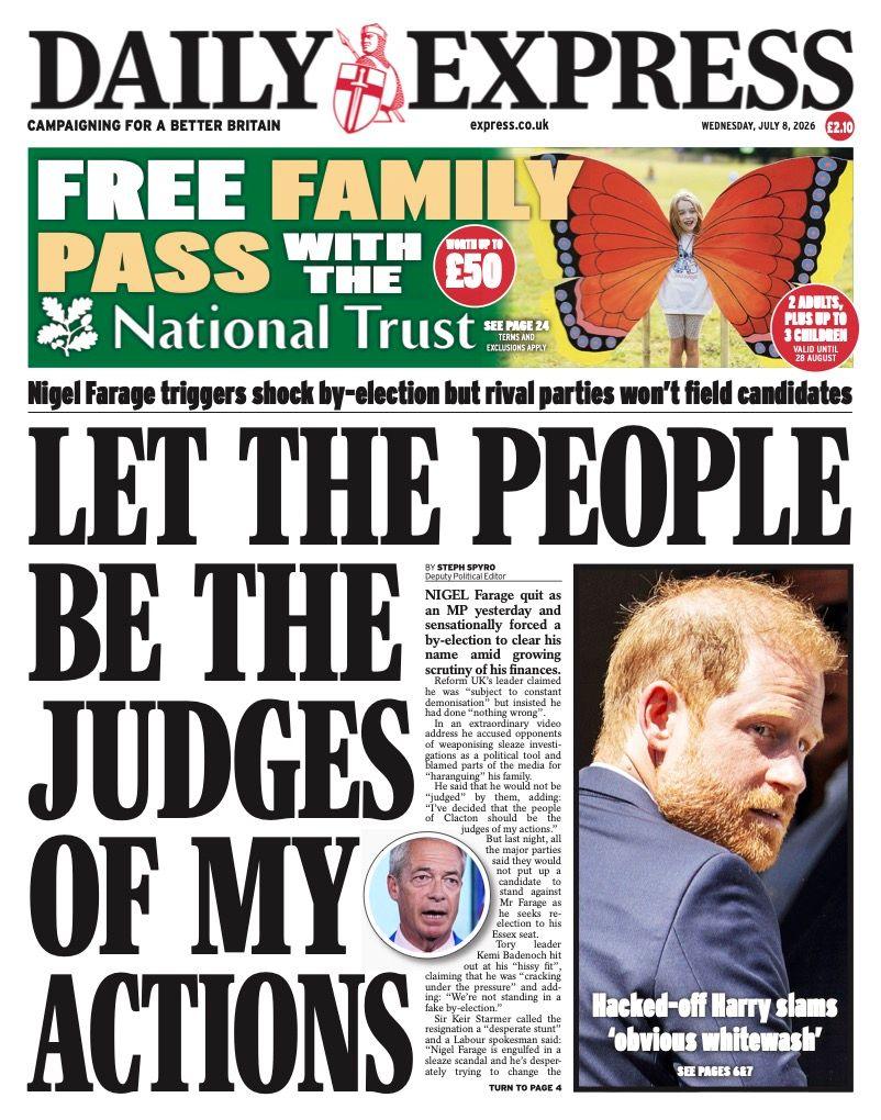 The headline on the front page of the Daily Express reads: 'Let the people be the judges of my actions.'