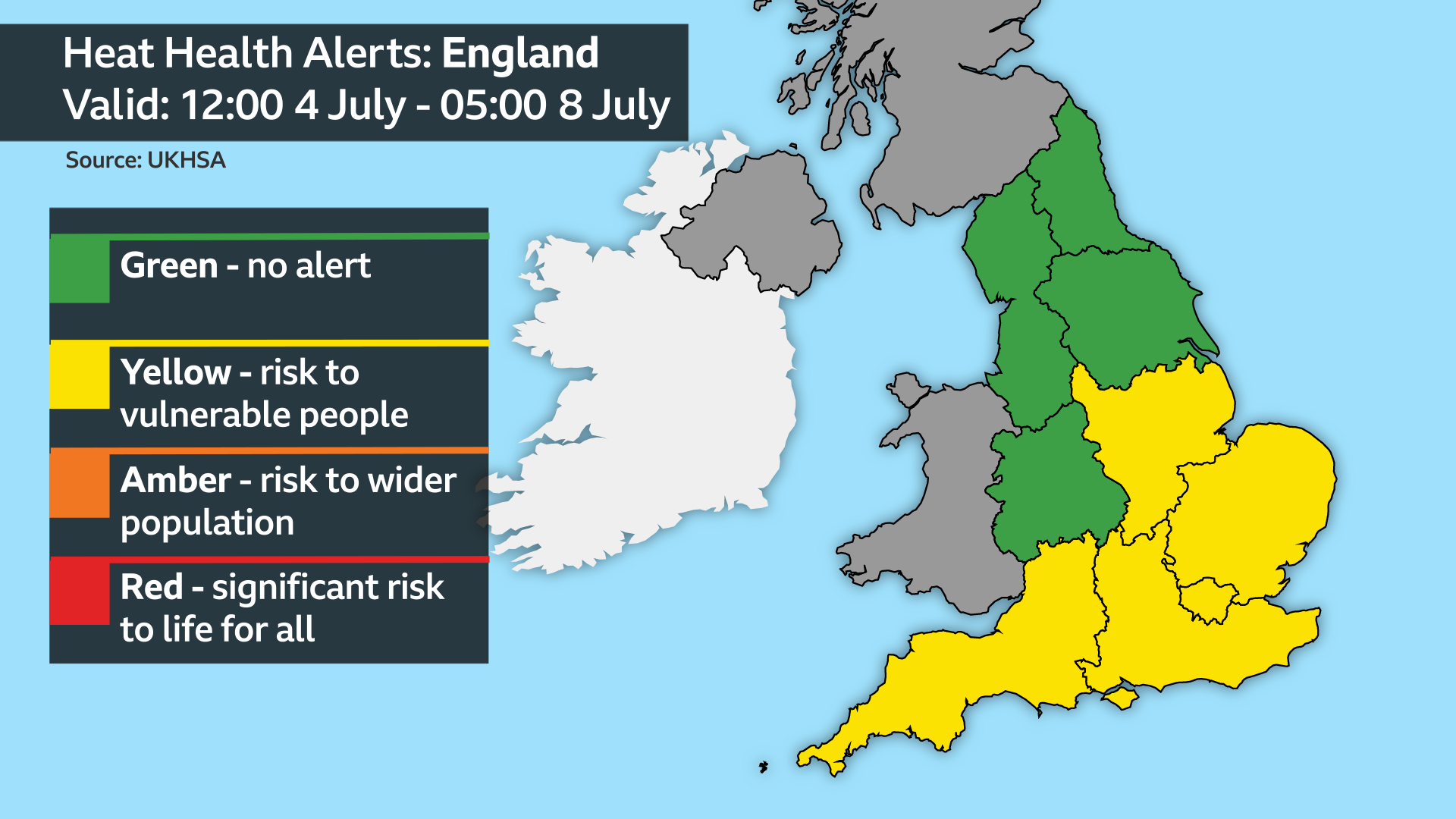 A heat health alert warning graphic which shows the East Midlands, East of England, London, south-east and south-west under a yellow alert from 12:00 BST on 4 July to 05:00 on 8 July