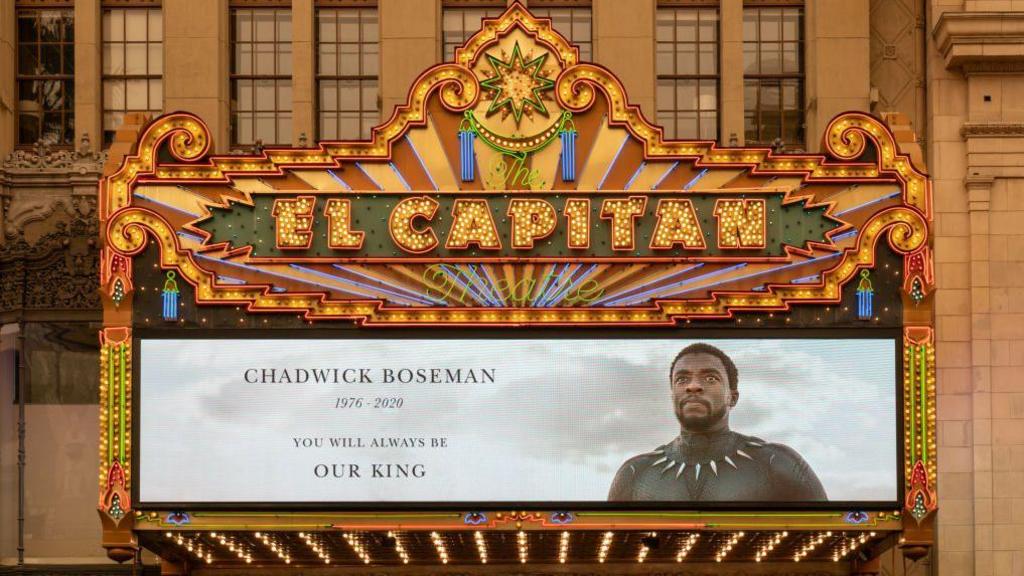 The Disney El Capitan cinema in Los Angeles displays a tribute to Chadwick Boseman on its colourful marquee studded with fluorescent lights. A portrait of the actor in his Black Panther against a cloudy sky is displayed next to the text "Chadwick Boseman, 1976 - 2020, you will always be our king".