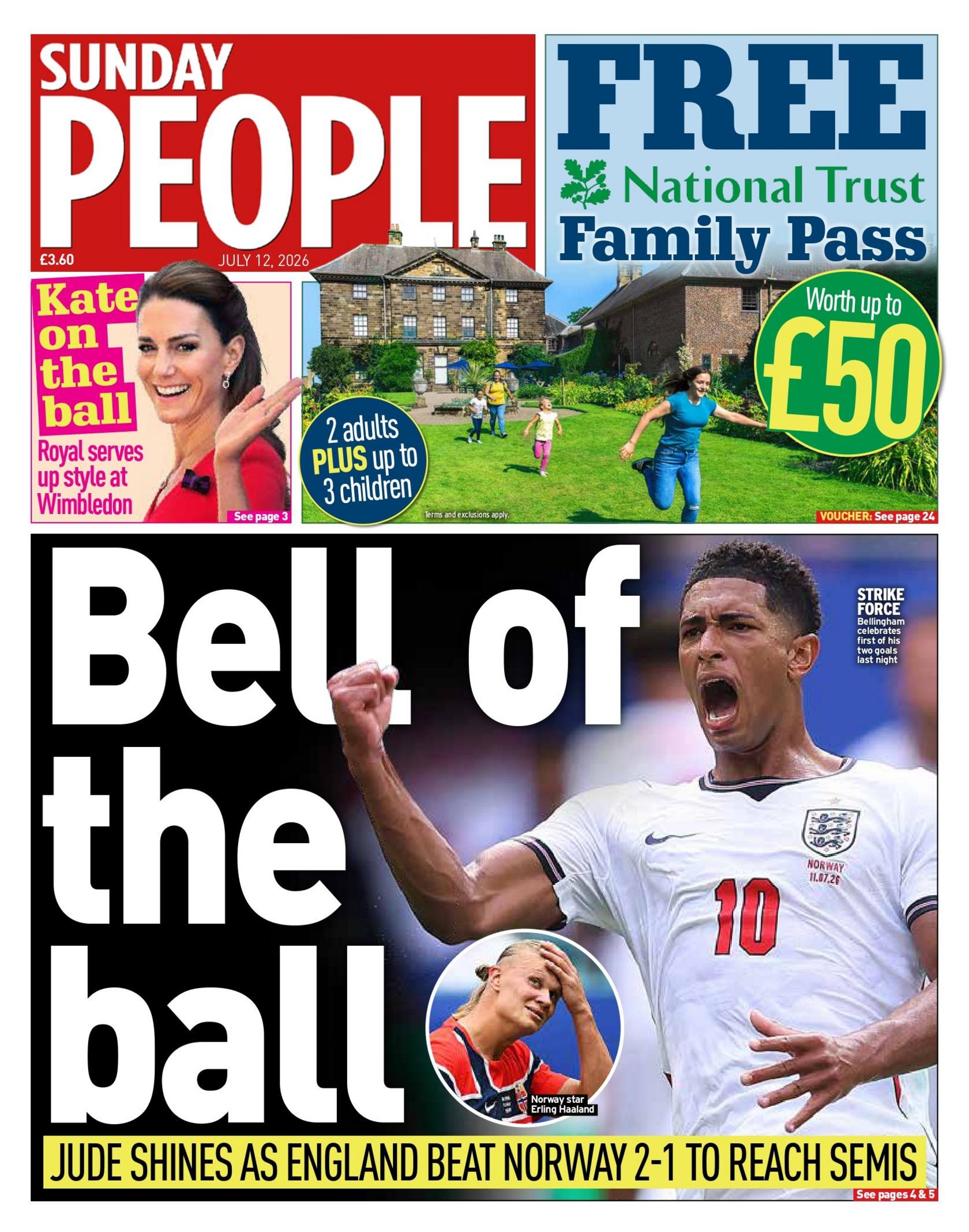 "Bell of the ball" reads the headline on the front page of Sunday People.