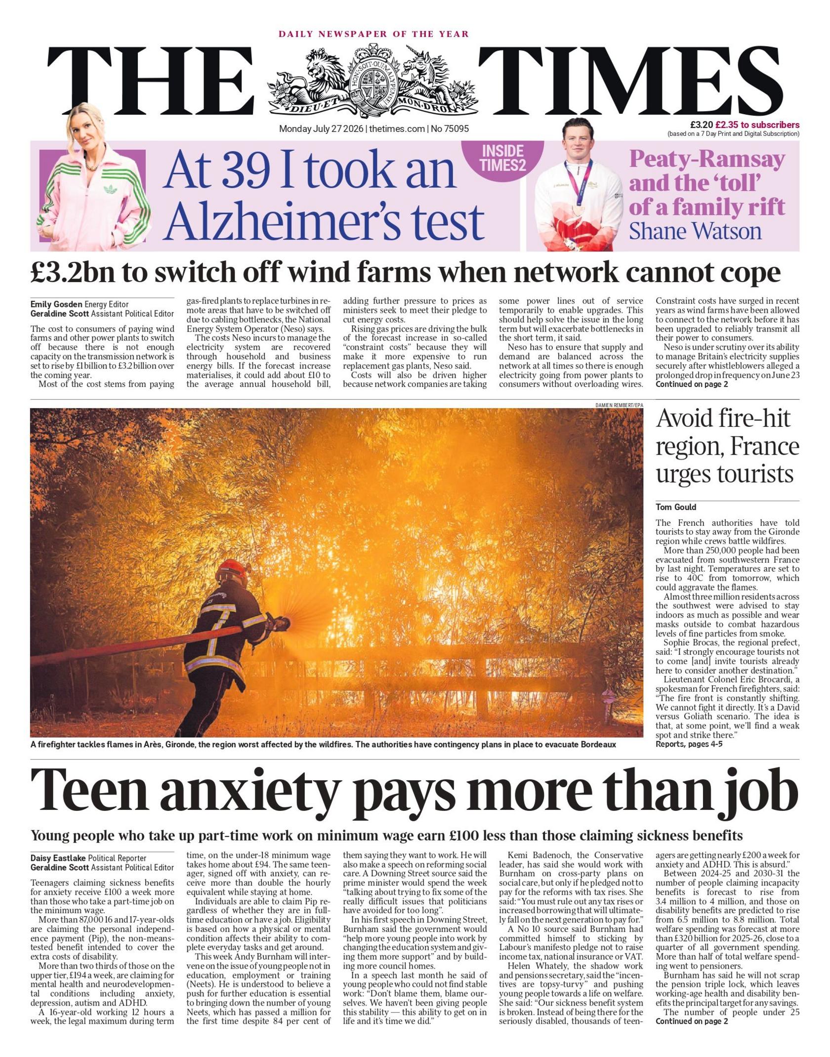 The headline on the front page of the Times reads: "Teen anxiety pays more than job".