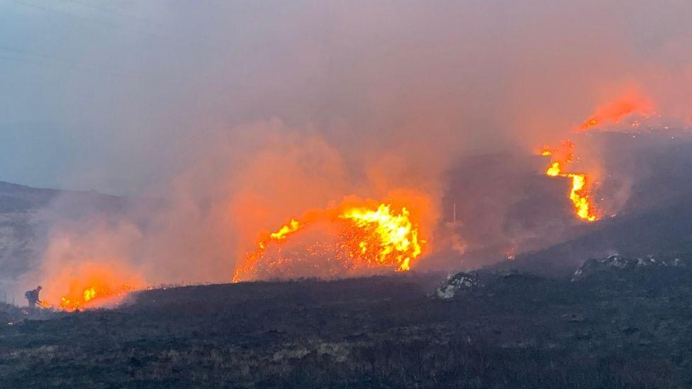 A small figure in the bottom left of the photo is dwarfed by large flames spreading across a dark wilderness landscape.