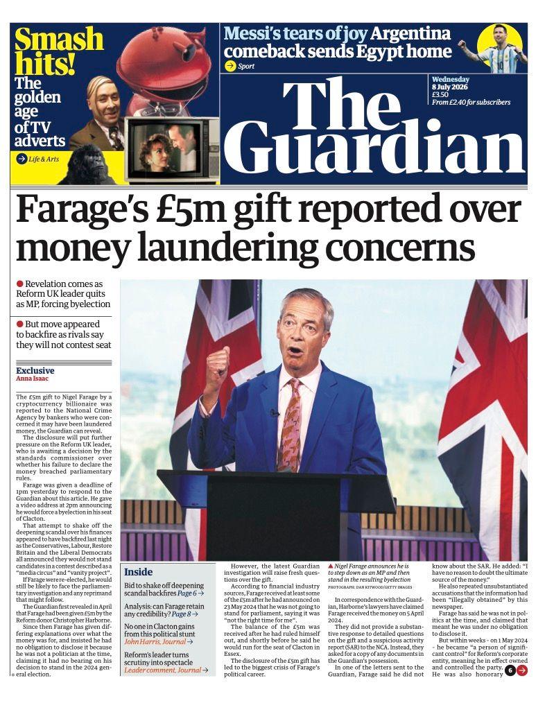 The headline on the front page of the Guardian reads: 'Farage's £5m gift reported over money laundering concerns.'