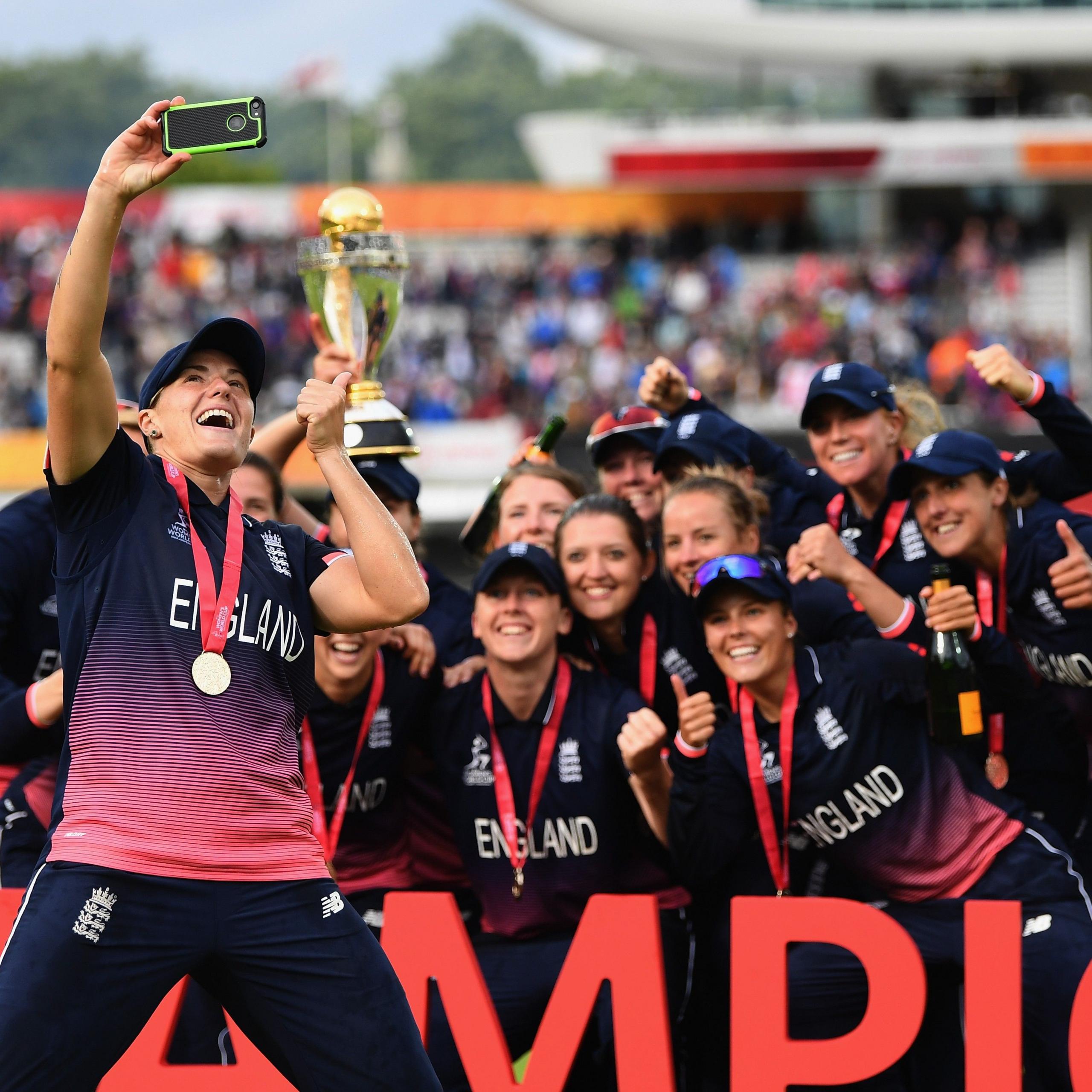 England celebrate their 2017 World Cup win with a team selfie