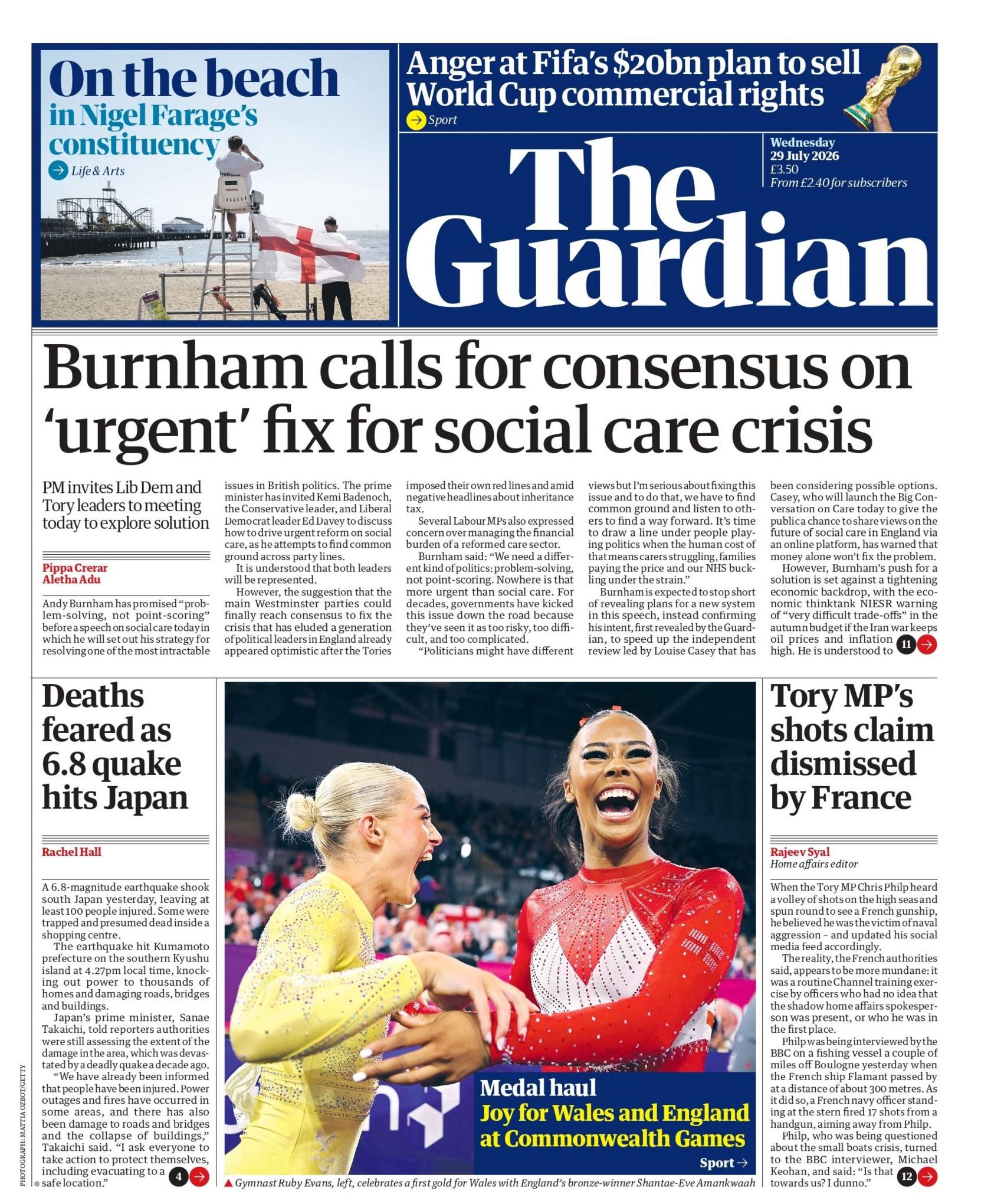 "Burnham calls for consensus on 'urgent' fix for social care crisis," reads the headline on the front page of the Guardian.