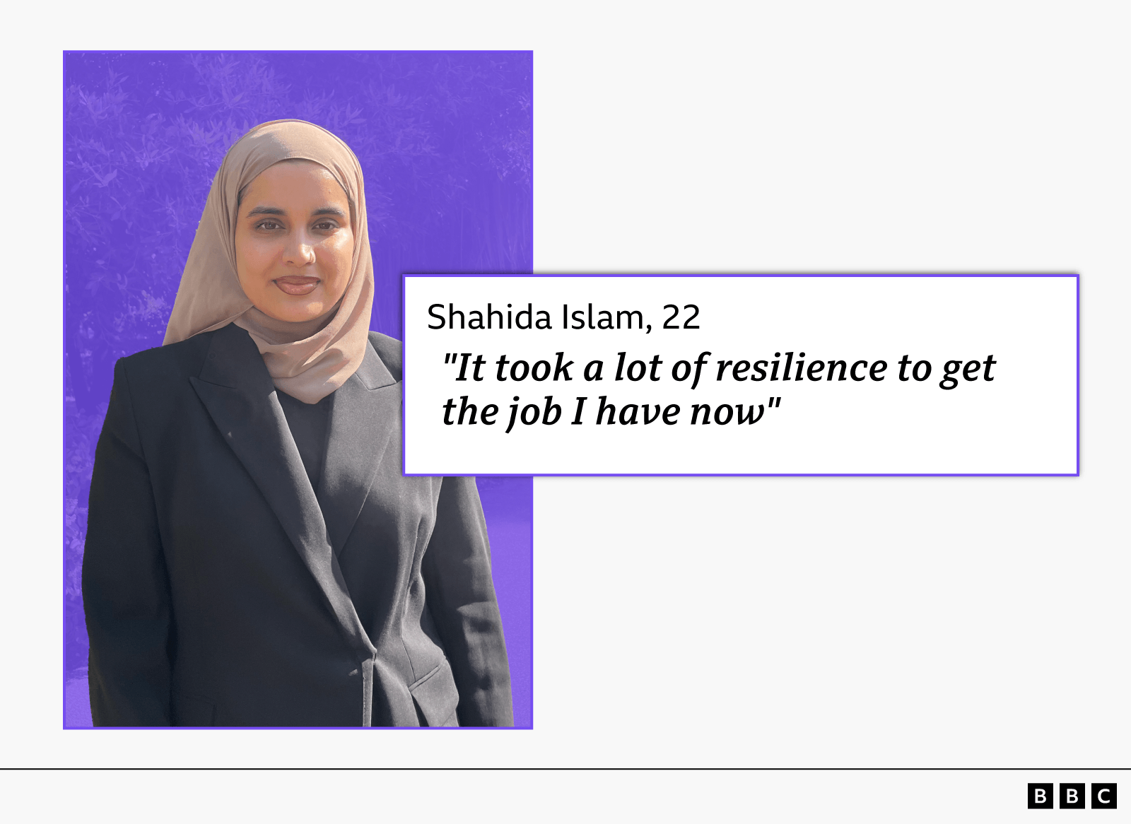 Graphic with cutout of Shahida alongside a quote that reads: "It took a lot of resilience to get the job I have now"