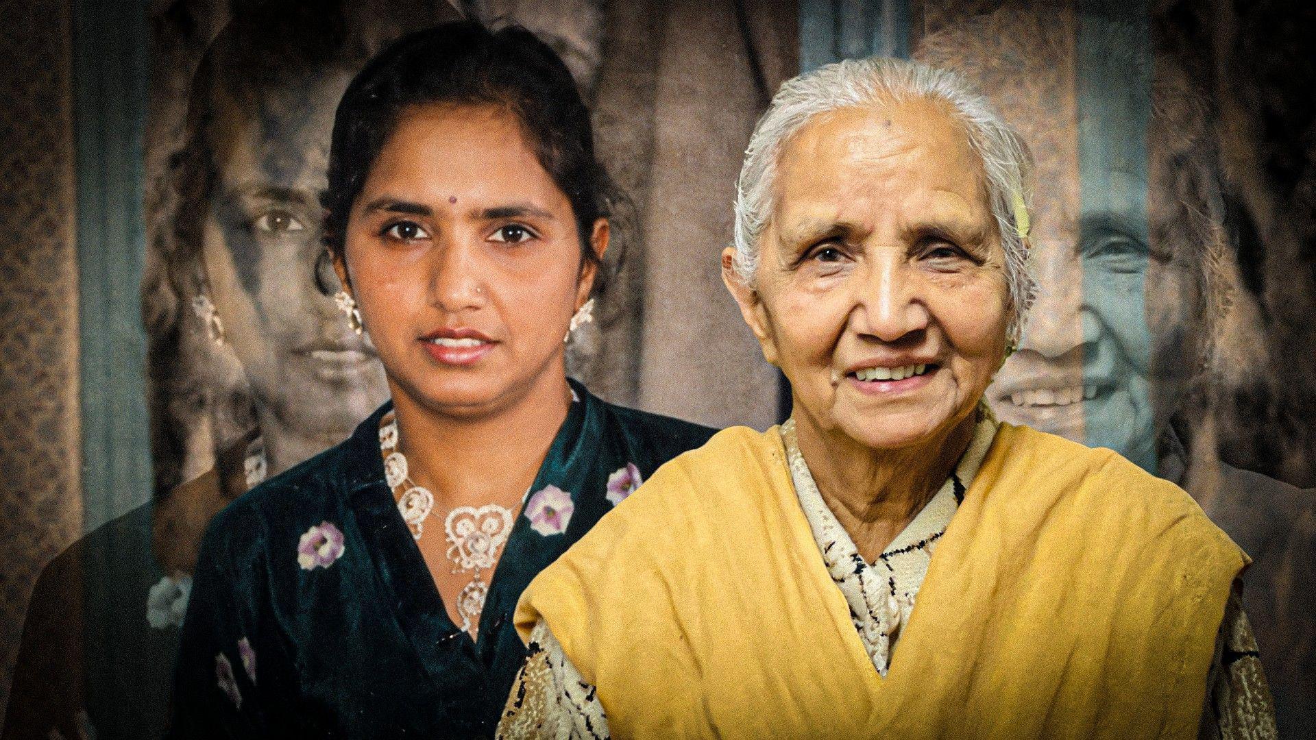A younger version of the woman stands beside an older version of herself. The younger self wears a green patterned outfit with jewellery, while the older self wears a yellow shawl over a patterned top, with faded larger copies of both behind them.