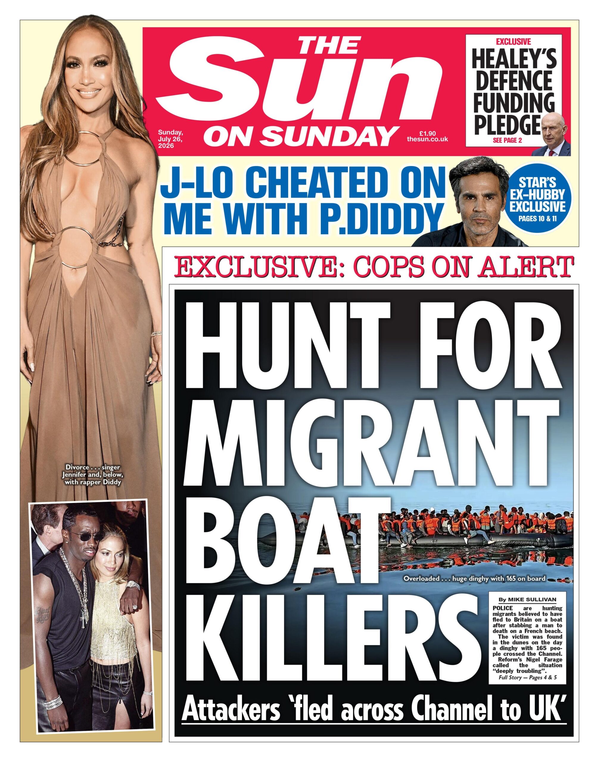 The headline on the front page of the Sun reads: "Hunt for migrant boat killers."