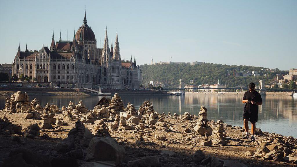 A view of the Danube River as it reaches historic record-low water levels in Budapest, Hungary, on July 30, 2026