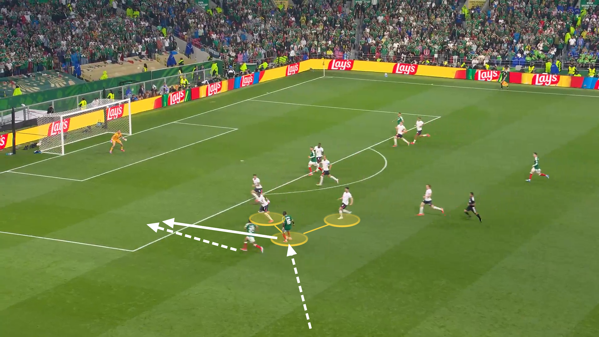 Screengrab showing Julian Quinones and Jesus Gallardo attacking for Mexico against England