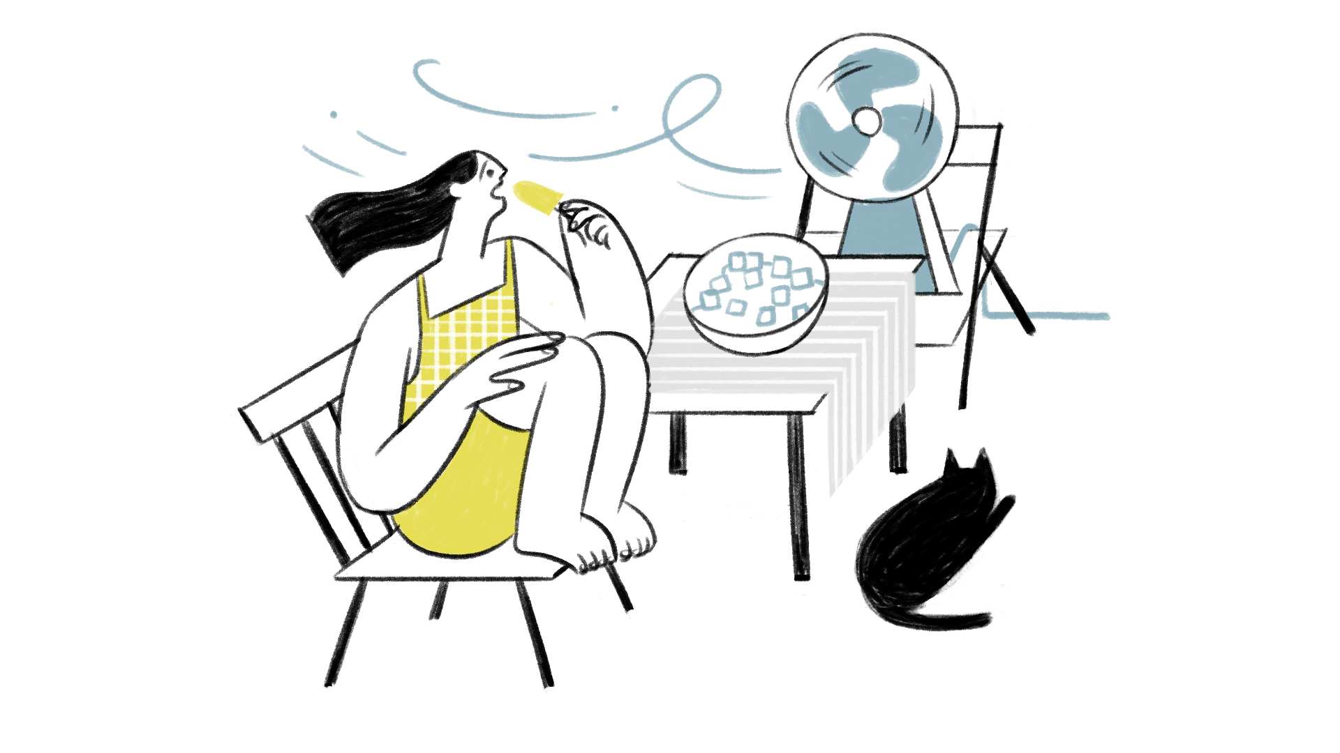 Illustrated scene of a woman sitting on a chair, eating an ice lolly. Next to her is a table with a bowl of ice and a desk fan placed on a chair blowing swirls of air. A black cat lies on the floor on the other side of the table. The drawing uses a minimal black, yellow and pale blue colour palette on a light background.