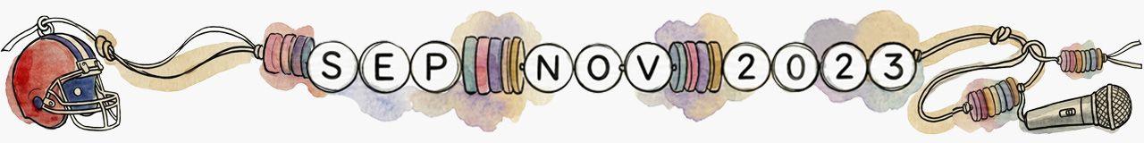 Watercolour-style illustration of a colourful wrapped beads threaded on a cord spelling "SEP-NOV 2023"
