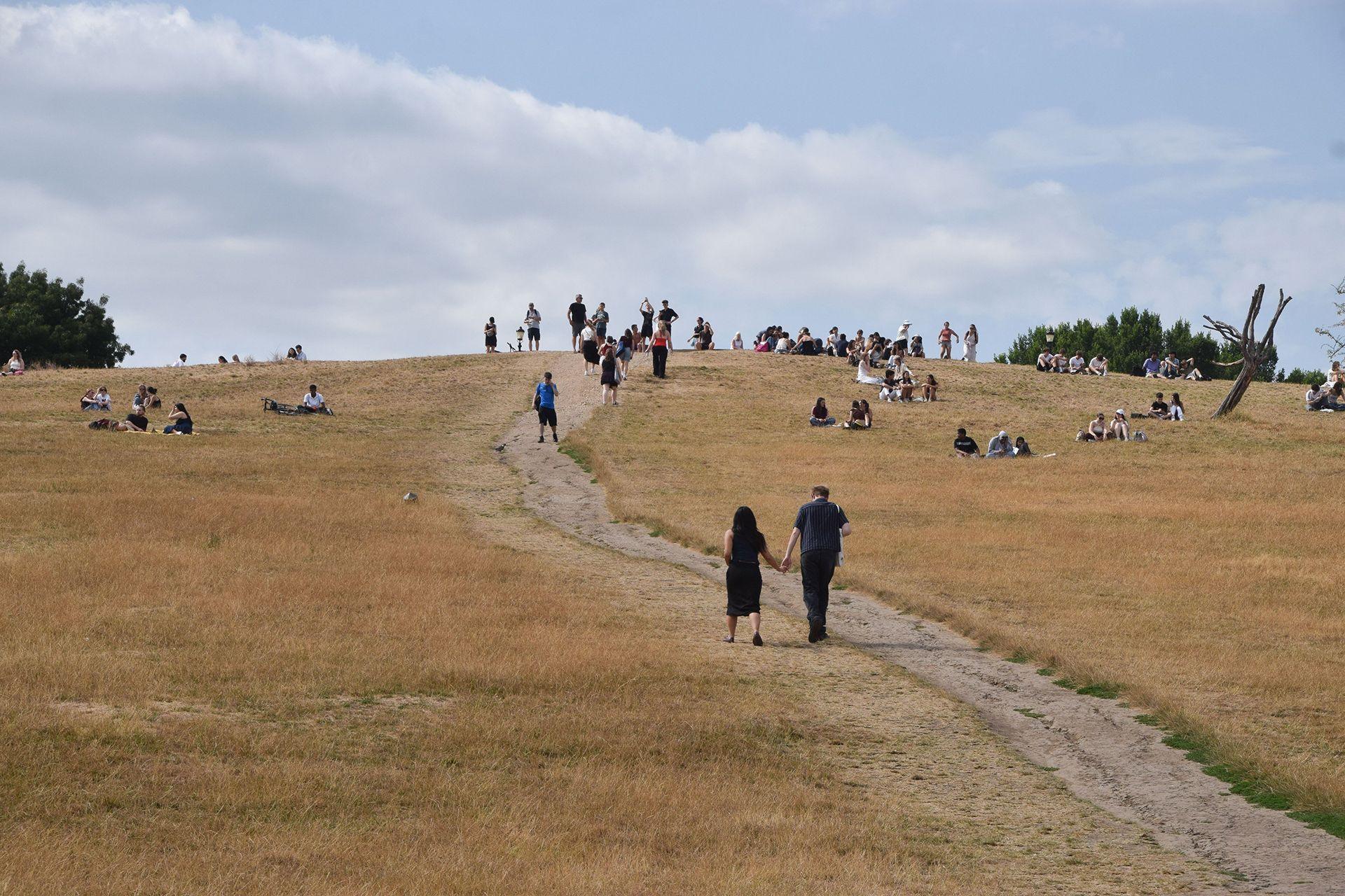 People gather on a very dry Primrose Hill as heatwaves continue.Many areas have experienced extremely dry conditions following record-breaking heatwaves in the UK.