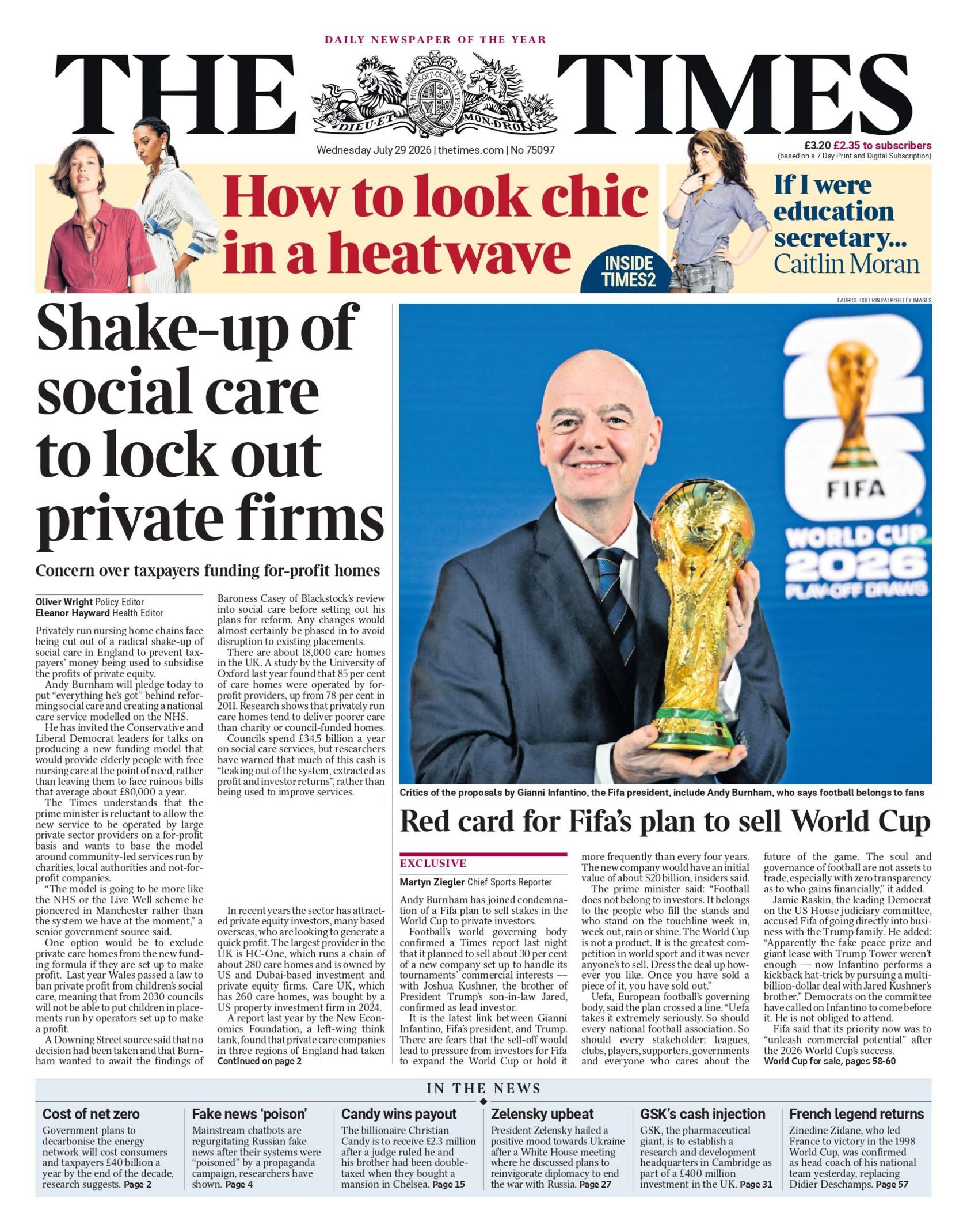 "Shake-up of social care to lock out private firms," reads the headline on the front page of the Times.