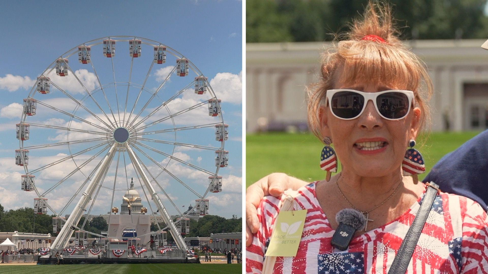 On the left, a ferris wheel; on the right, a woman in a shirt with the American flag pattern.