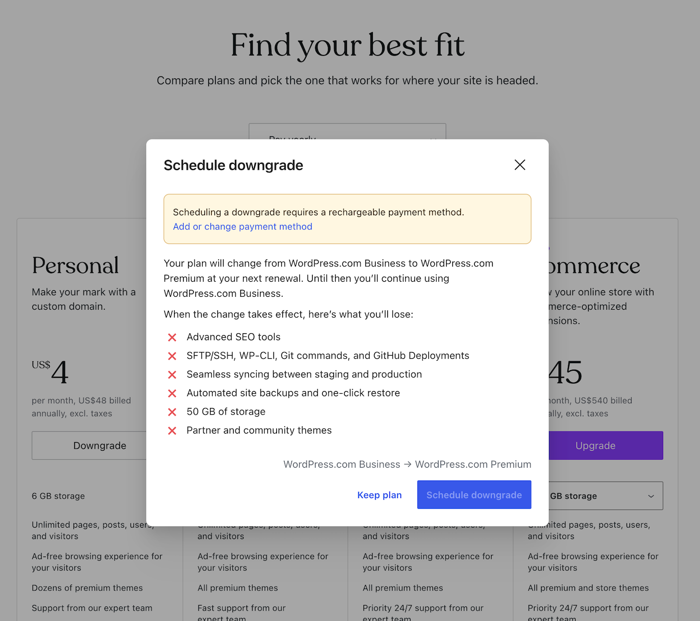 The downgrade page on WordPress.com