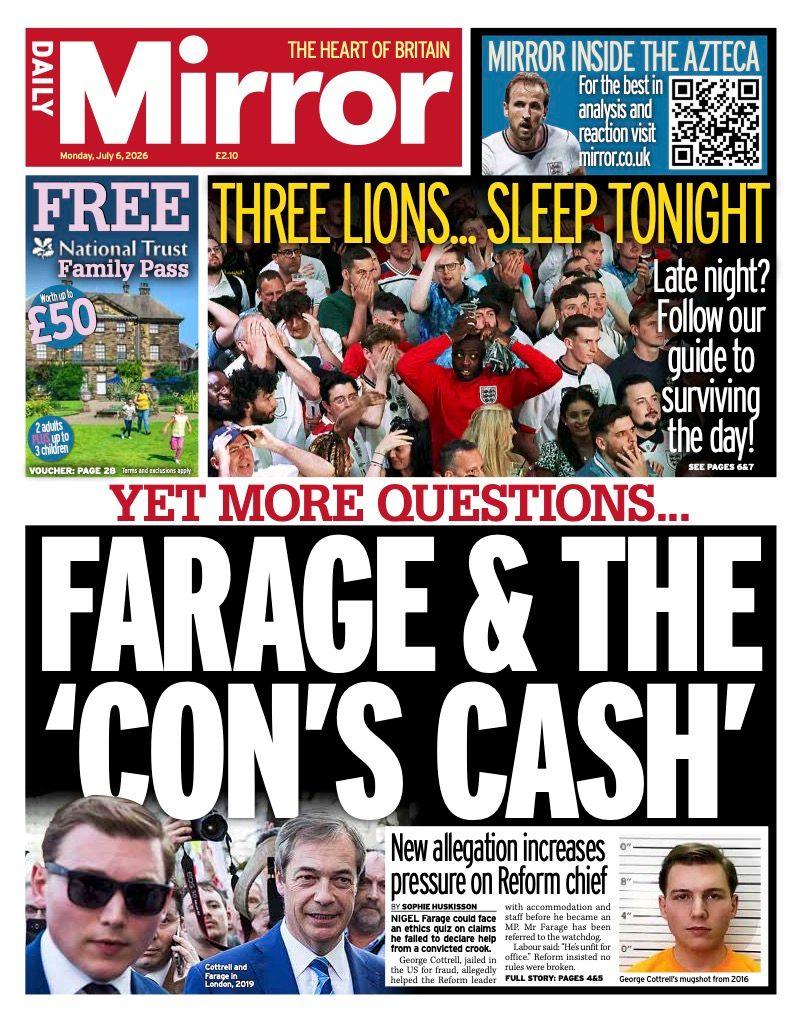 The headline on the front page of the Daily Mirror reads: 'Farage & The "Con's Cash".'