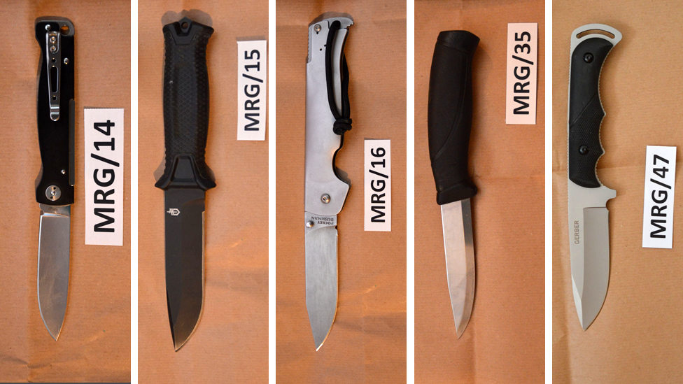 A composite image of five knives all lined up next to each other. Their blades vary from about three inches in length to five or six.
