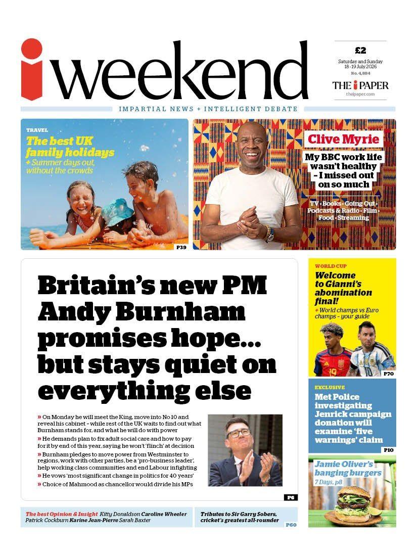 The headline on the front page of the i Paper reads: 'Britain's new PM Andy Burnham promises hope... but stays quiet on everything else.'