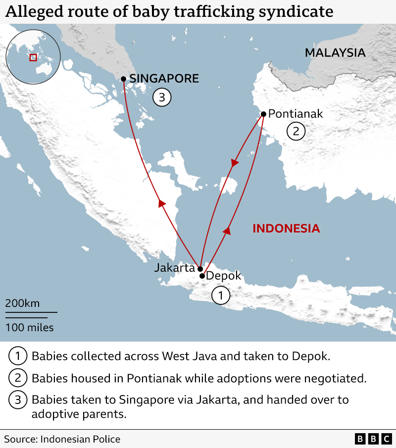 Map showing the alleged trafficking route of babies taken from West Java and sent to Singapore for adoption