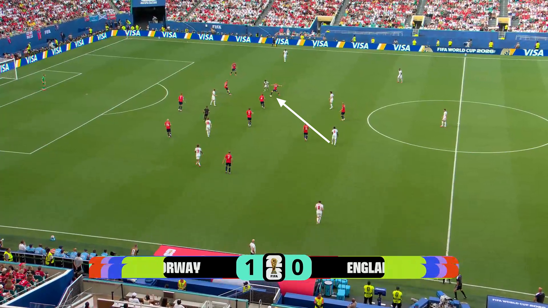 Screen grab from England vs Norway showing Guehi's central play, leading to a turnover.