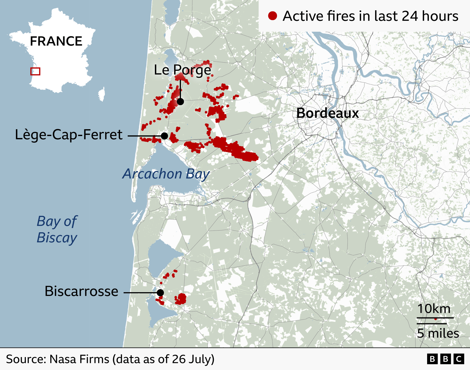 Map of south-west France showing active wildfires recorded in the last 24 hours. Large clusters of red dots mark fire activity around Arcachon Bay, concentrated to the south west of Bordeaux and between Lège-Cap-Ferret and Le Porge on the Atlantic coast. A second sizeable cluster is located near Biscarrosse to the south. Bordeaux is labelled inland to the east, while Arcachon Bay and the Bay of Biscay are labelled in blue along the coastline. An inset map of France in the top left highlights the location of the affected area.