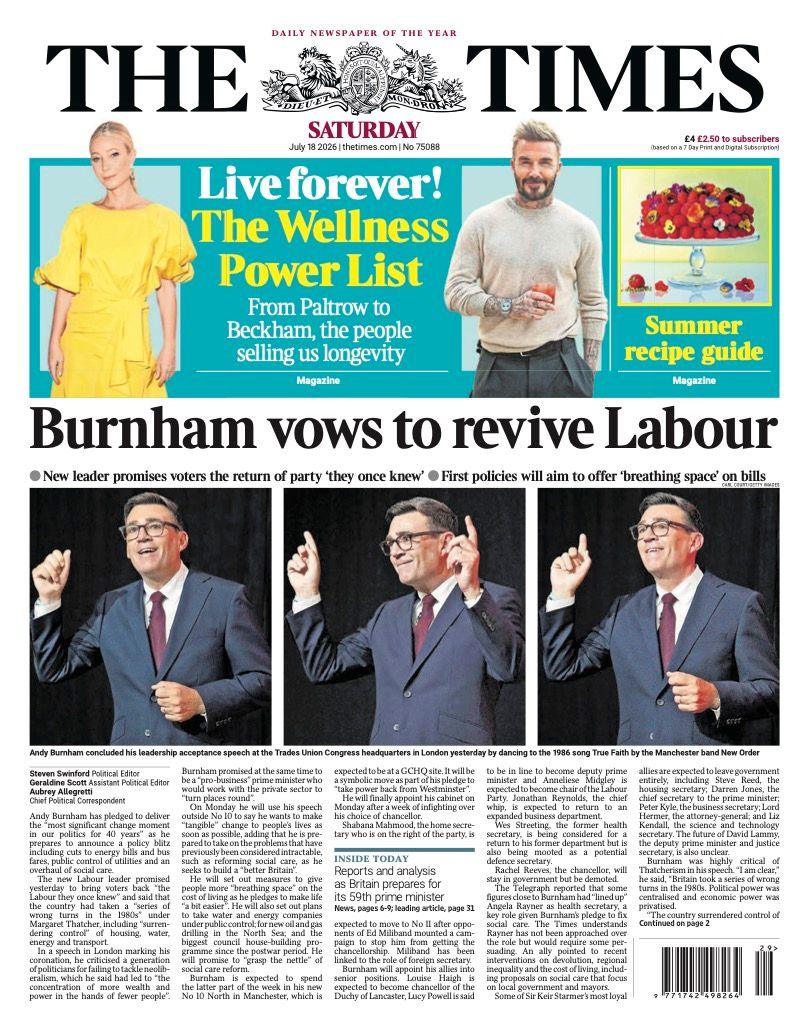 The headline on the front page of the Times reads: 'Burnham vows to revive Labour.'