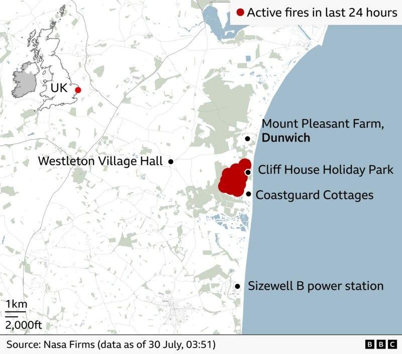 Map of Suffolk coast shows area of fire in red, close to landmarks in and around Dunwich, including Sizewell B power station.