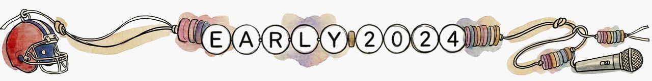 Watercolour-style illustration of a colourful wrapped beads threaded on a cord spelling "EARLY 2024"