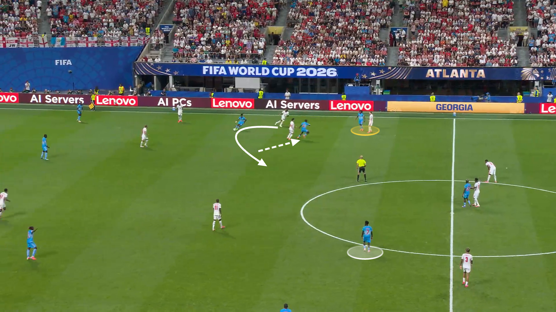 Screengrab from England v DR Congo illustrating England's midfield being dragged into wide areas when pressing man-to-man
