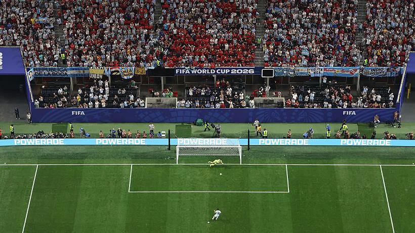 Overhead view of Lionel Messi taking the penalty that Egypt goalkeeper Mostafa Shobeir saves at the 2026 World Cup