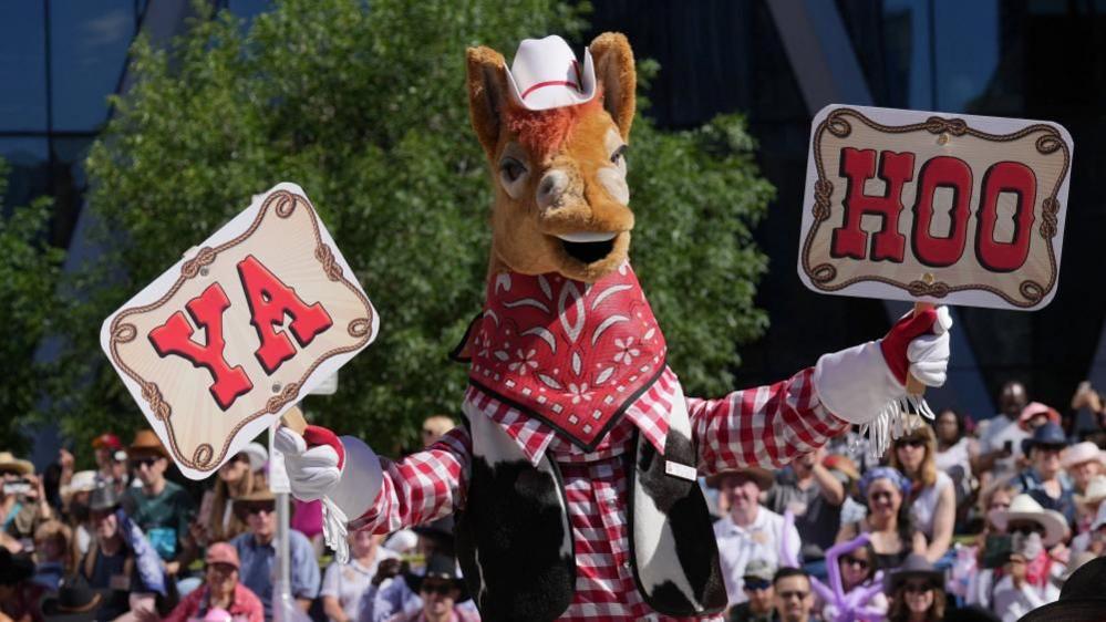 Stampede mascot Harry the Horse displays signs during the Calgary Stampede parade. He wears a white cowboy hat with a thin red ribbon an da red plaid shirt with a cowhide sleeveless vest. He holds up two signs, one that reads 'YA' and the other that reads 'HOO'.
