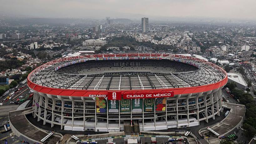 An aerial view of the exterior of the Azteca Stadium