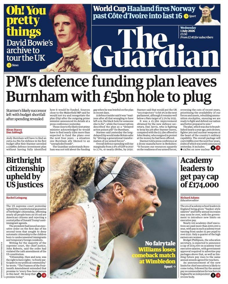 "PM's defence funding plan leaves Burnham with £5bn hole to plug" reads the headline on the front page of the Guardian.