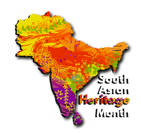 A colourful drawing of the South Asian map filled with bright patterns and shapes. Next to it are the words “South Asian Heritage Month